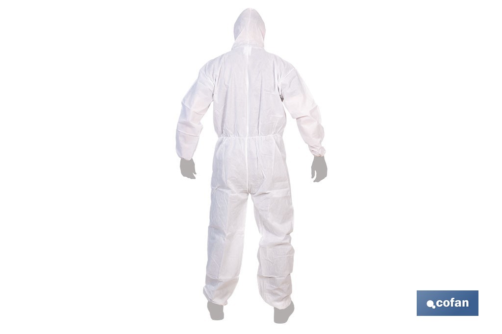 Buzo de protección desechable con capucha | Protección química tipo 5 y 6 | Color blanco | Disponible desde la talla M hasta la XXL - Cofan