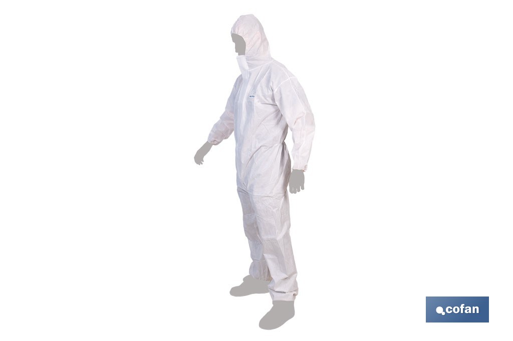 Buzo de protección desechable con capucha | Protección química tipo 5 y 6 | Color blanco | Disponible desde la talla M hasta la XXL - Cofan