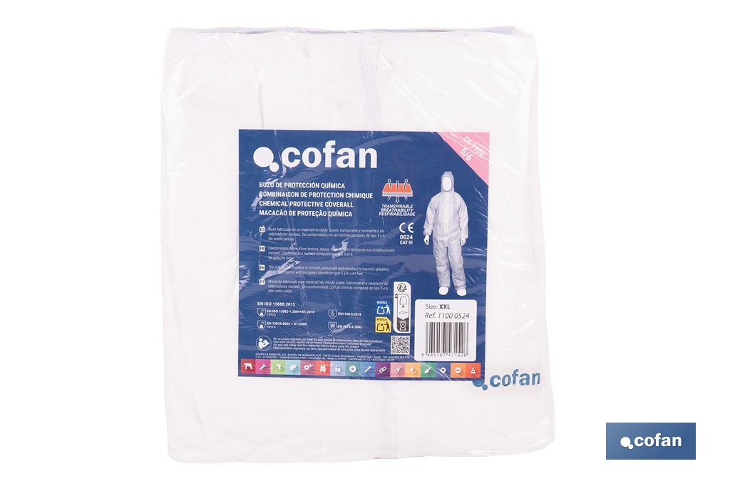 Buzo de protección desechable con capucha | Protección química tipo 5 y 6 | Color blanco | Disponible desde la talla M hasta la XXL - Cofan