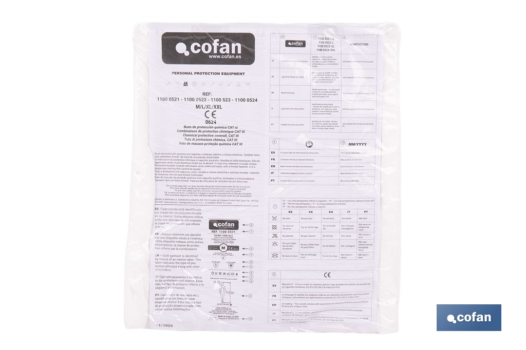Buzo de protección desechable con capucha | Protección química tipo 5 y 6 | Color blanco | Disponible desde la talla M hasta la XXL - Cofan