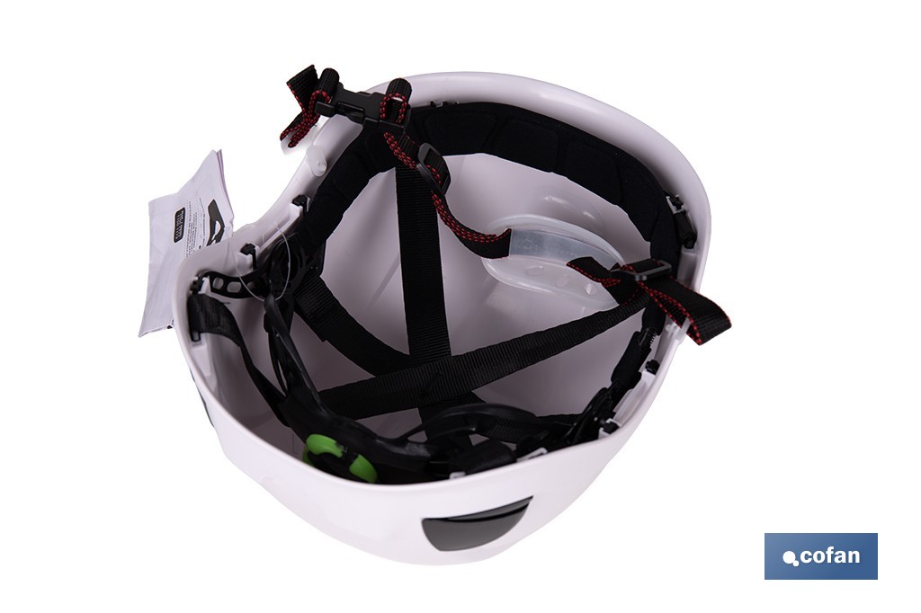 Casco de seguridad industrial con regulador y barbuquejo para trabajos verticales y obra | Disponible en 2 colores - Cofan