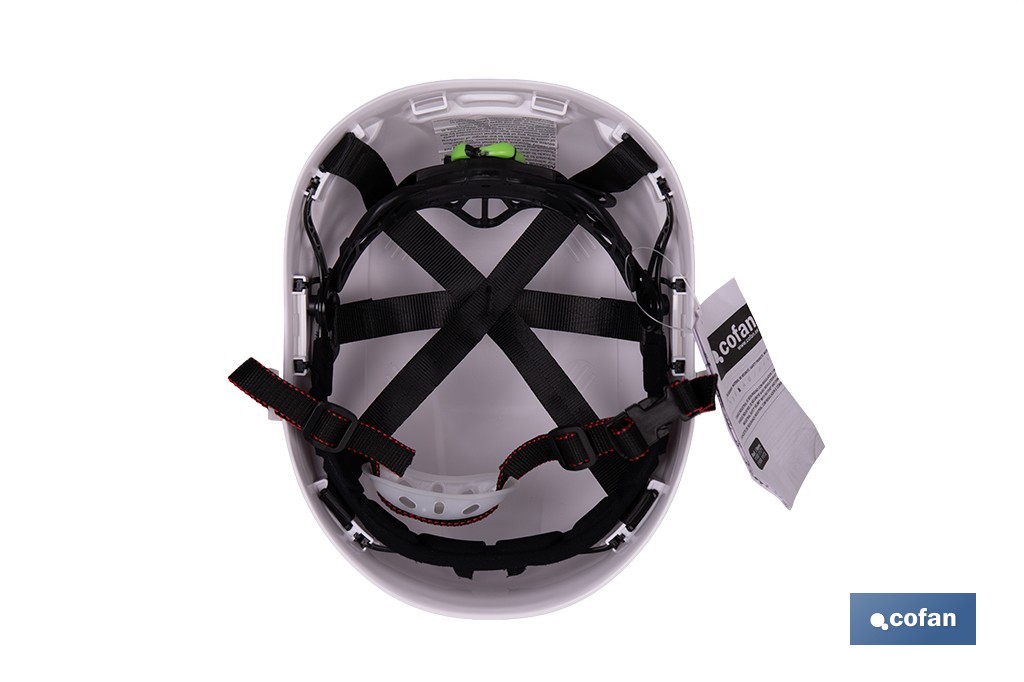 Casco de seguridad industrial con regulador y barbuquejo para trabajos verticales y obra | Disponible en 2 colores - Cofan