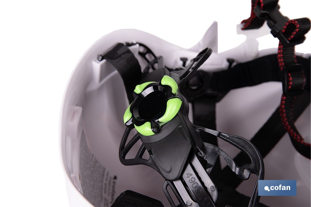 Casco de seguridad industrial con regulador y barbuquejo para trabajos verticales y obra | Disponible en 2 colores - Cofan