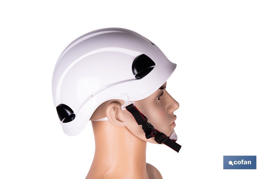 Casco de seguridad industrial con regulador y barbuquejo para trabajos verticales y obra | Disponible en 2 colores - Cofan