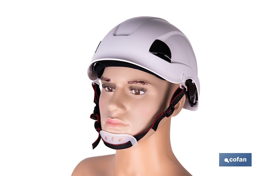 Casco de seguridad industrial con regulador y barbuquejo para trabajos verticales y obra | Disponible en 2 colores - Cofan