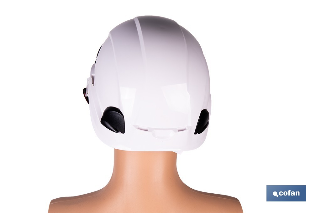 Casco de seguridad industrial con regulador y barbuquejo para trabajos verticales y obra | Disponible en 2 colores - Cofan