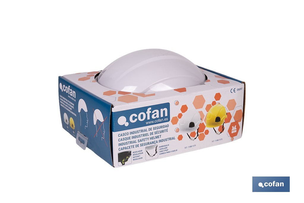 Casco de seguridad industrial con regulador y barbuquejo para trabajos verticales y obra | Disponible en 2 colores - Cofan
