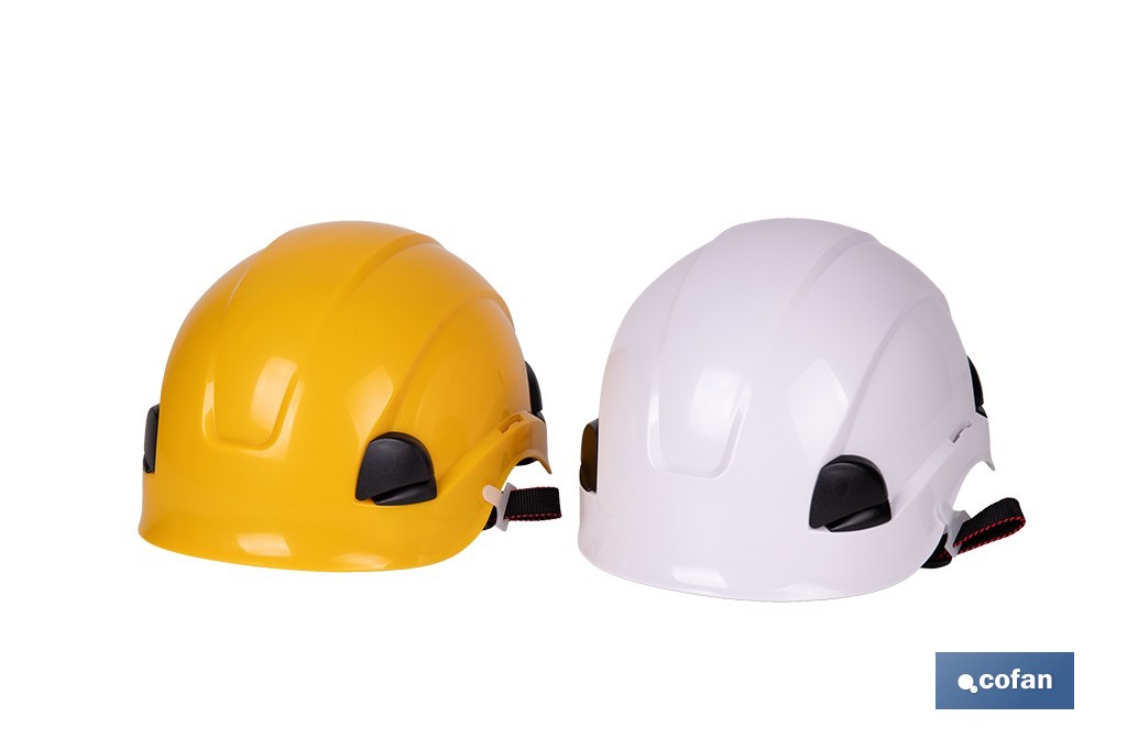 Casco de seguridad industrial con regulador y barbuquejo para trabajos verticales y obra | Disponible en 2 colores - Cofan