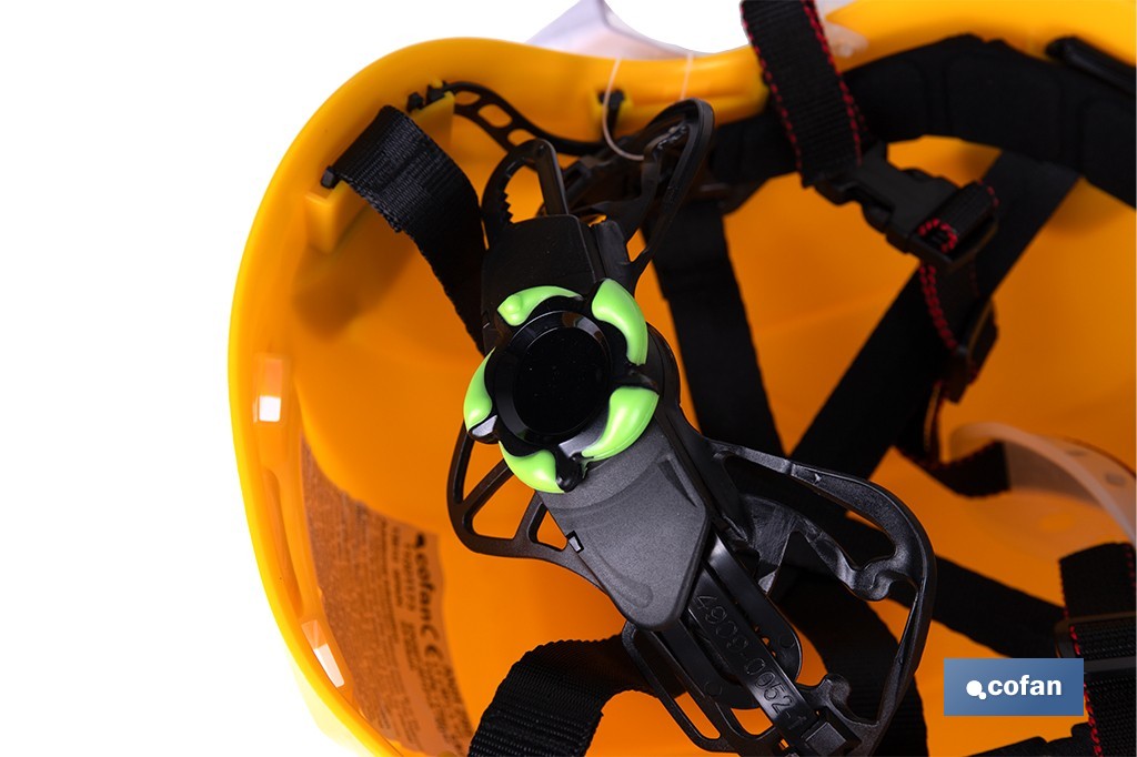 Casco de seguridad industrial con regulador y barbuquejo para trabajos verticales y obra | Disponible en 2 colores - Cofan