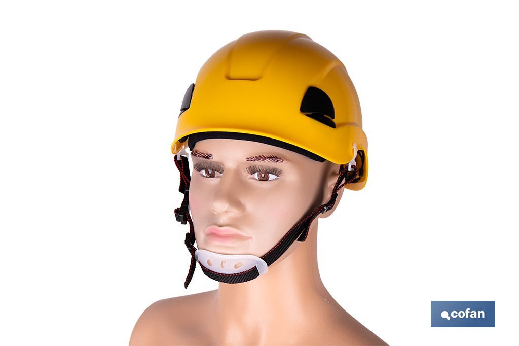 Casco de seguridad industrial con regulador y barbuquejo para trabajos verticales y obra | Disponible en 2 colores - Cofan
