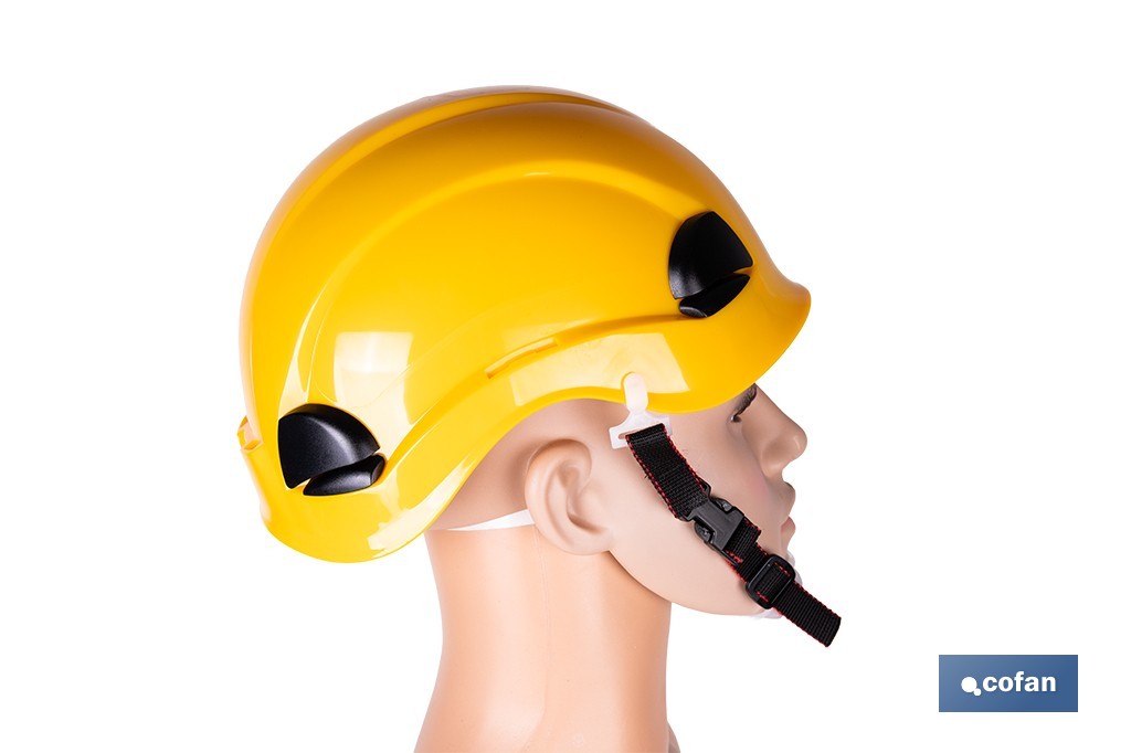 Casco de seguridad industrial con regulador y barbuquejo para trabajos verticales y obra | Disponible en 2 colores - Cofan