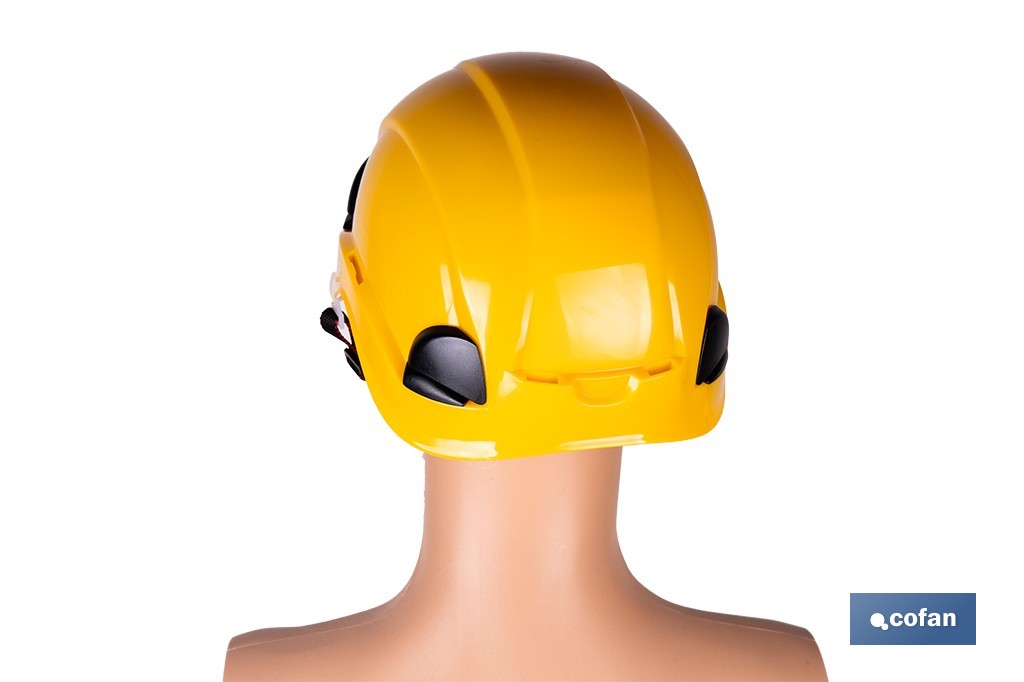 Casco de seguridad industrial con regulador y barbuquejo para trabajos verticales y obra | Disponible en 2 colores - Cofan