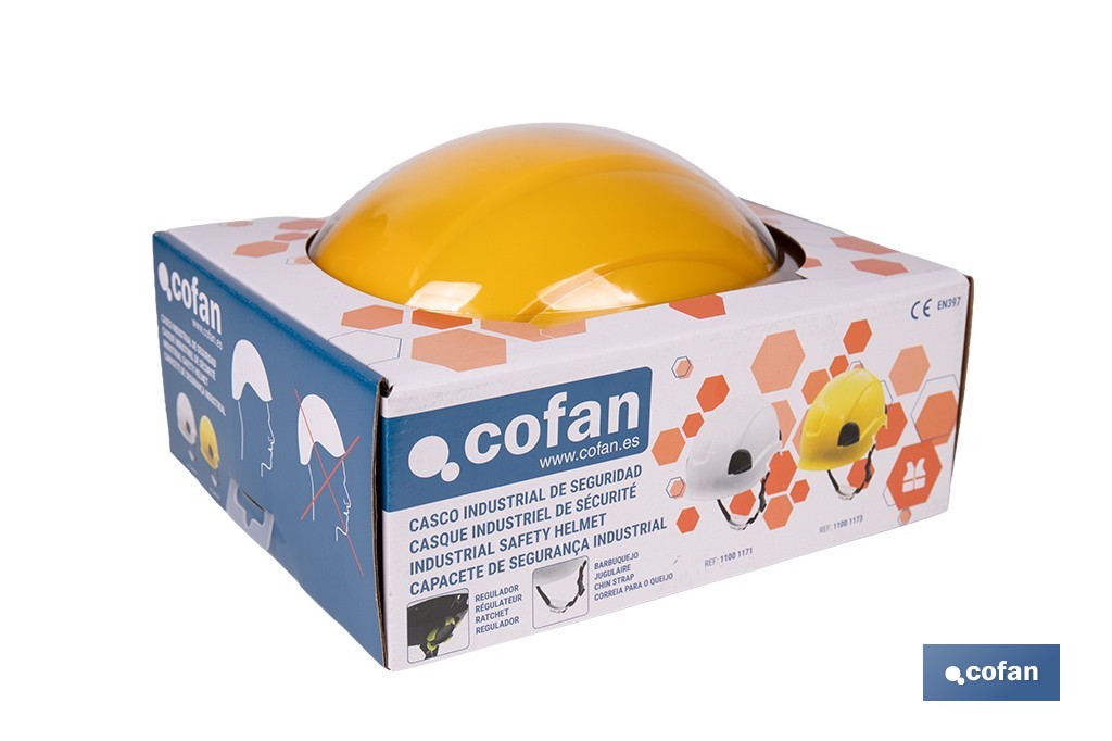 Casco de seguridad industrial con regulador y barbuquejo para trabajos verticales y obra | Disponible en 2 colores - Cofan