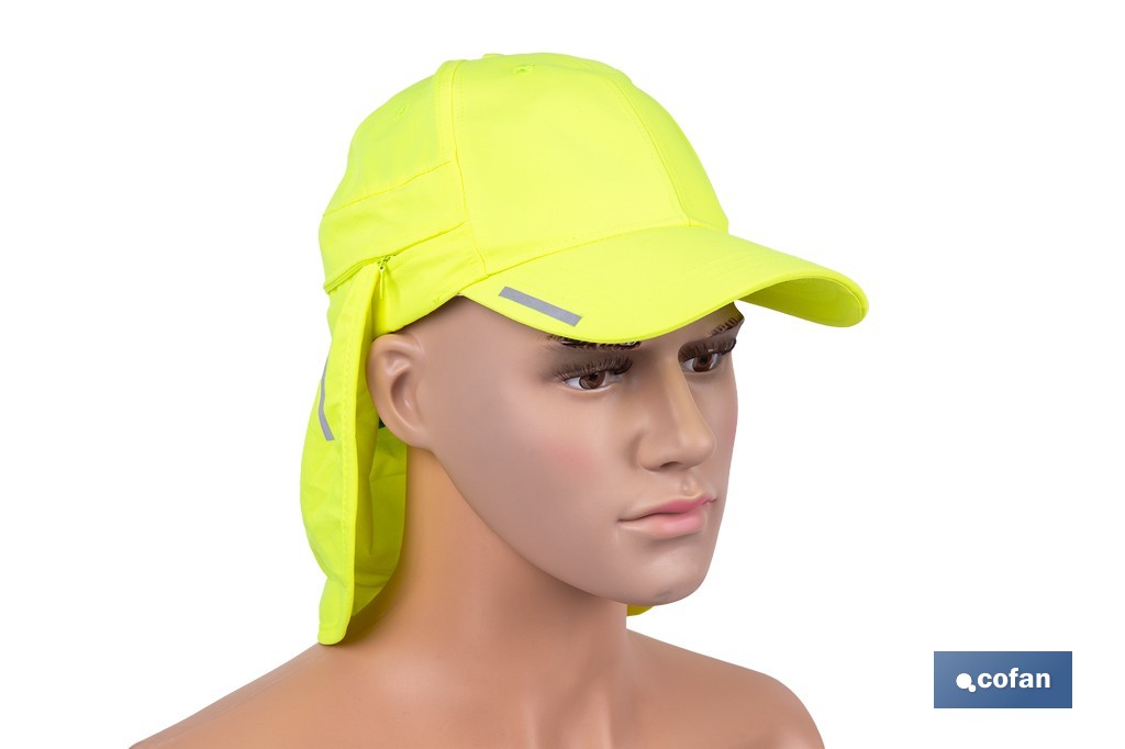 Gorra amarilla fluorescente con protección de nuca para obra, trekking y montaña - Cofan