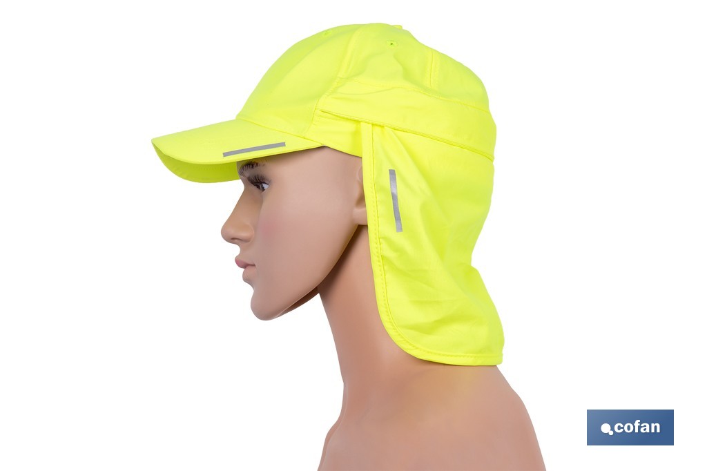 Gorra amarilla fluorescente con protección de nuca para obra, trekking y montaña - Cofan