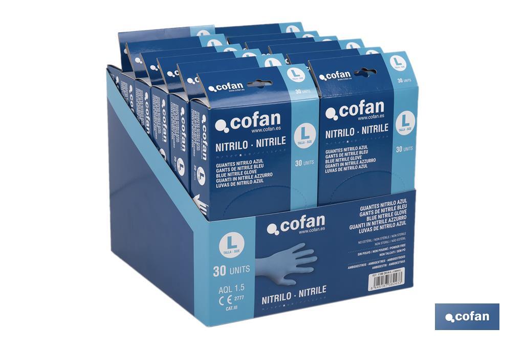 Caja dispensadora de guantes de nitrilo sin polvo | Caja de 30 unidades | Tres tallas diferentes - Cofan