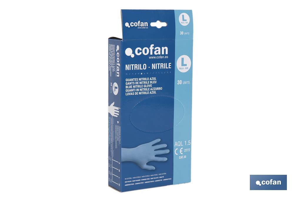 Caja dispensadora de guantes de nitrilo sin polvo | Caja de 30 unidades | Tres tallas diferentes - Cofan
