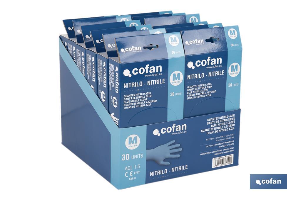 Caja dispensadora de guantes de nitrilo sin polvo | Caja de 30 unidades | Tres tallas diferentes - Cofan