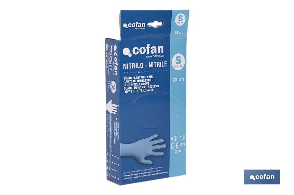 Caja dispensadora de guantes de nitrilo sin polvo | Caja de 30 unidades | Tres tallas diferentes - Cofan