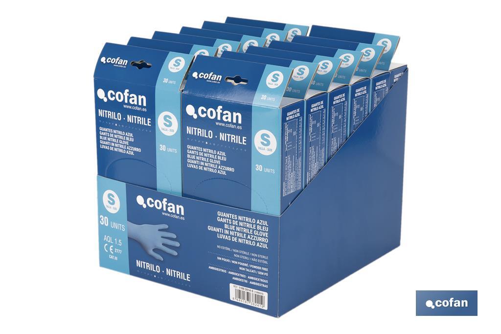 Caja dispensadora de guantes de nitrilo sin polvo | Caja de 30 unidades | Tres tallas diferentes - Cofan
