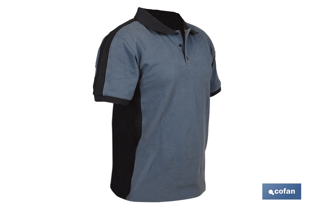 Polo de trabajo modelo Balder en gris oscuro y negro | Cómodo y transpirable con cierre de 3 botones | Materiales: 95 % algodón y 5 % elastano | Disponible desde la talla S hasta la XXXL - Cofan