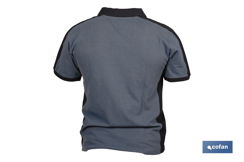 Polo de trabajo modelo Balder en gris oscuro y negro | Cómodo y transpirable con cierre de 3 botones | Materiales: 95 % algodón y 5 % elastano | Disponible desde la talla S hasta la XXXL - Cofan