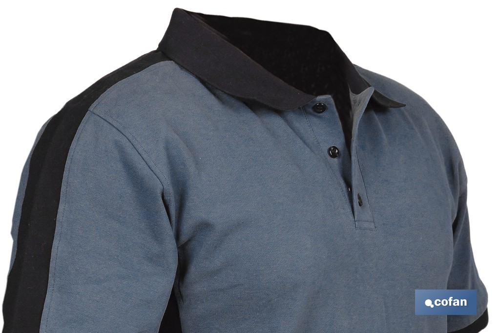 Polo de trabajo modelo Balder en gris oscuro y negro | Cómodo y transpirable con cierre de 3 botones | Materiales: 95 % algodón y 5 % elastano | Disponible desde la talla S hasta la XXXL - Cofan