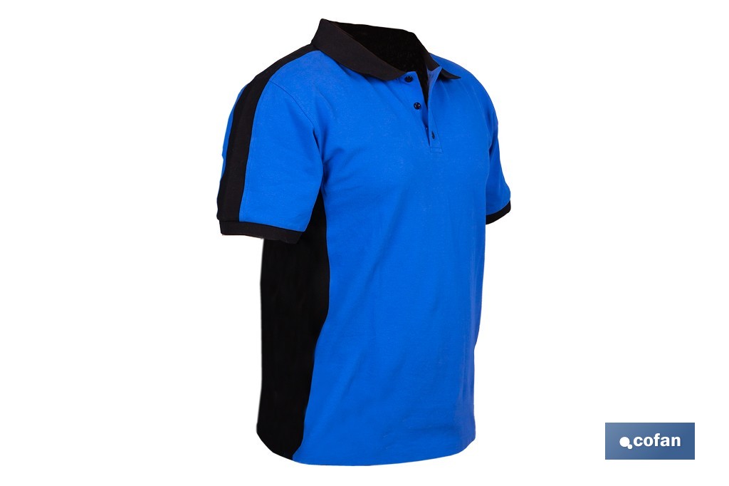 Polo de trabajo modelo Freyja en azul y negro | Cómodo y transpirable con cierre de 3 botones | Materiales: 95 % algodón y 5 % elastano | Disponible desde la talla S hasta la XXXL - Cofan
