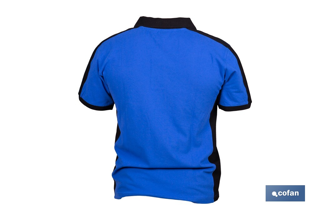 Polo de trabajo modelo Freyja en azul y negro | Cómodo y transpirable con cierre de 3 botones | Materiales: 95 % algodón y 5 % elastano | Disponible desde la talla S hasta la XXXL - Cofan
