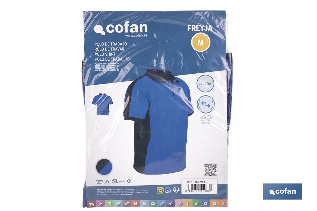 Polo de trabajo modelo Freyja en azul y negro | Cómodo y transpirable con cierre de 3 botones | Materiales: 95 % algodón y 5 % elastano | Disponible desde la talla S hasta la XXXL - Cofan