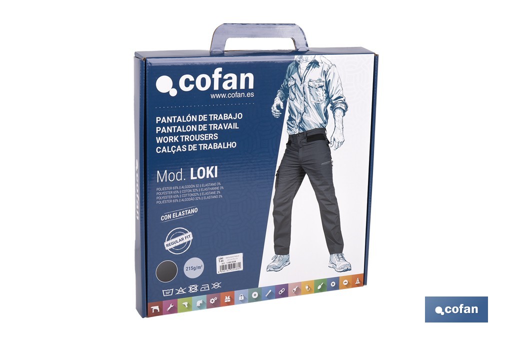 Pantalón de trabajo modelo Loki en gris | Elástico, ligero con múltiples bolsillos | Materiales: 65 % poliéster, 32 % algodón | Disponible en amplio rango de tallas - Cofan