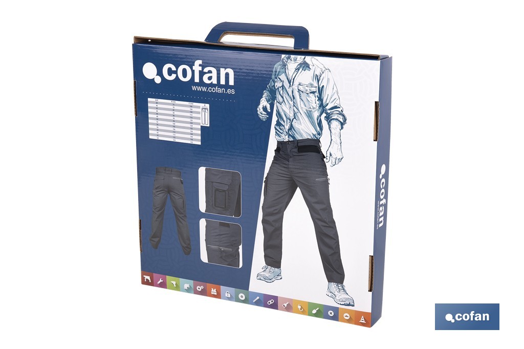 Pantalón de trabajo modelo Loki en gris | Elástico, ligero con múltiples bolsillos | Materiales: 65 % poliéster, 32 % algodón | Disponible en amplio rango de tallas - Cofan