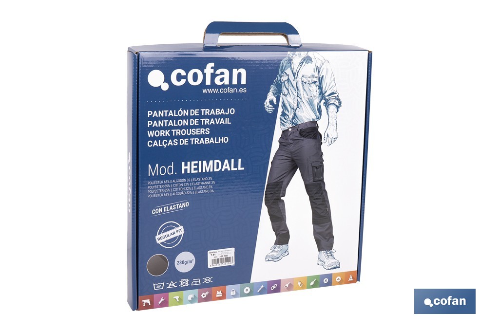 Pantalón de trabajo modelo Heimdall en gris oscuro y negro | Elástico, reforzado con múltiples bolsillos | Materiales: 65 % poliéster, 32 % algodón | Disponible en amplio rango de tallas - Cofan