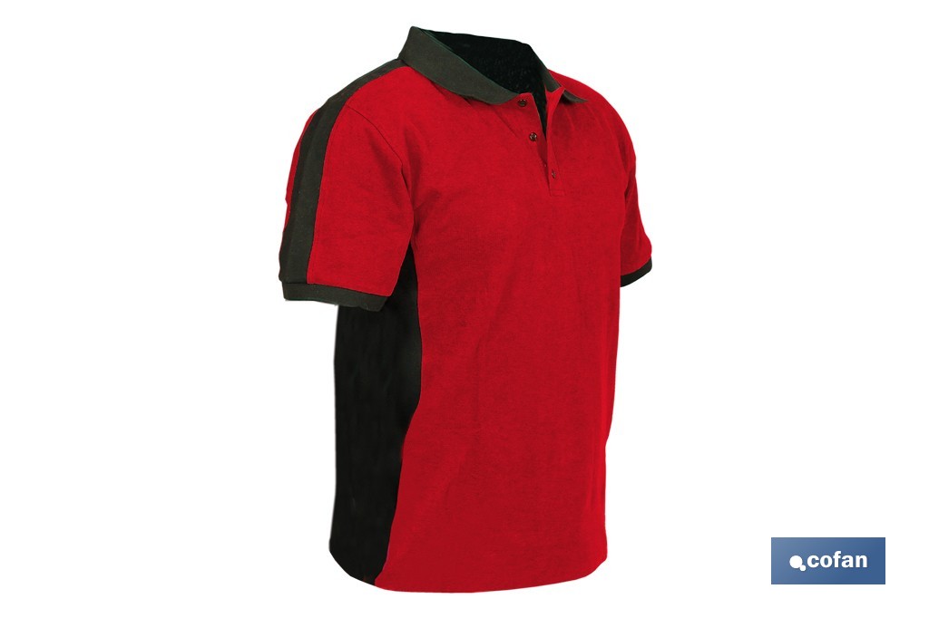 Polo de trabajo modelo Hela en rojo y negro | Cómodo y transpirable con cierre de 3 botones | Materiales: 95 % algodón y 5 % elastano | Disponible desde la talla S hasta la XXXL - Cofan