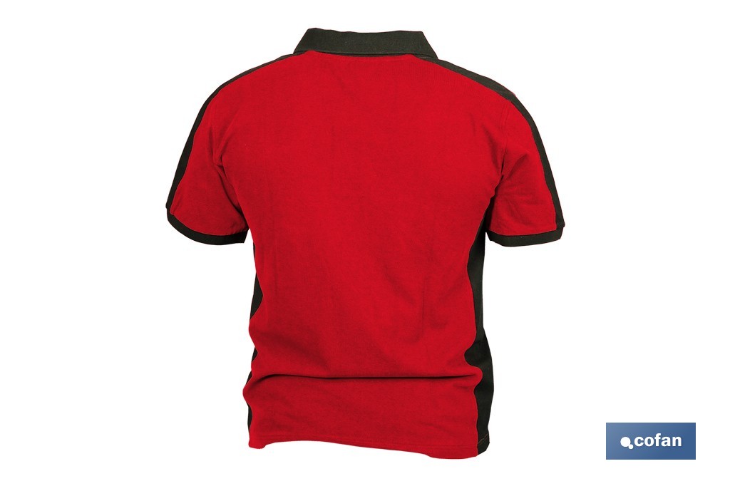 Polo de trabajo modelo Hela en rojo y negro | Cómodo y transpirable con cierre de 3 botones | Materiales: 95 % algodón y 5 % elastano | Disponible desde la talla S hasta la XXXL - Cofan