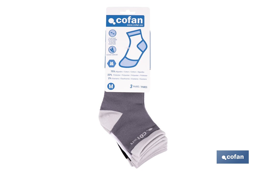 Set de 3 pares de calcetines unisex de algodón | Caña media | Negro, blanco y gris | Disponible en dos rangos de tallas - Cofan