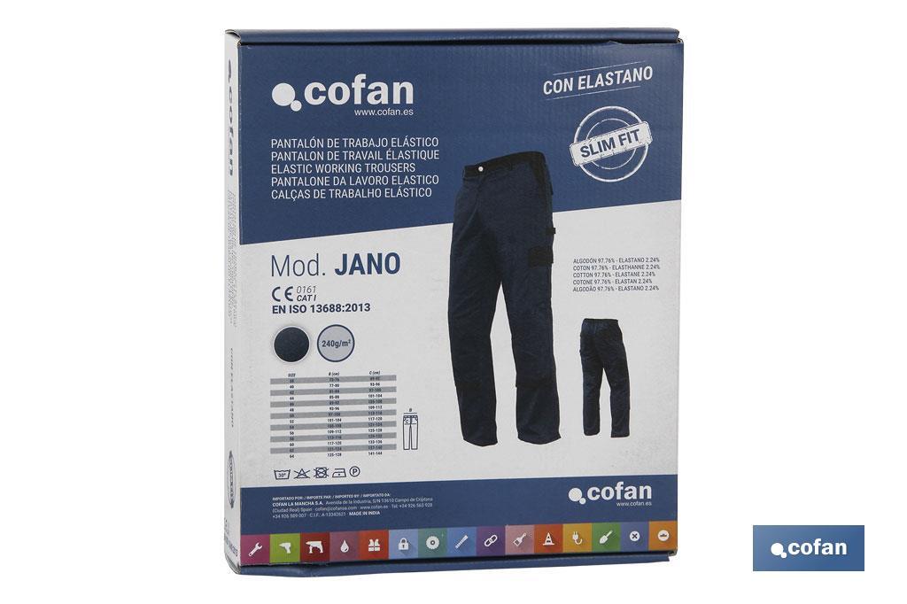 Pantalón de Trabajo | Flex | Modelo Jano | Slim Fit | Composición 97,76% Algodón y 2,24% Elastano | Color Azul Marino/Negro - Cofan