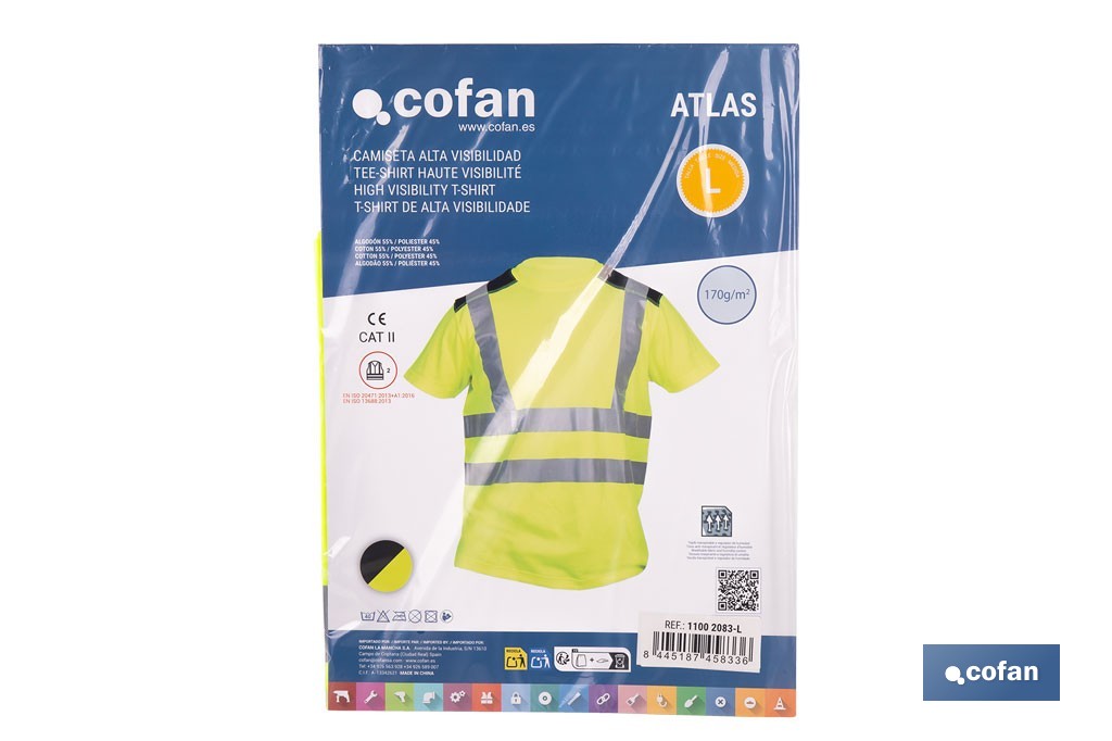 Camiseta de alta visibilidad modelo Atlas | Color: amarillo y negro | Bandas reflectantes | Clase 2 EN ISO 20471 | Disponible desde la talla S hasta la XXXL - Cofan