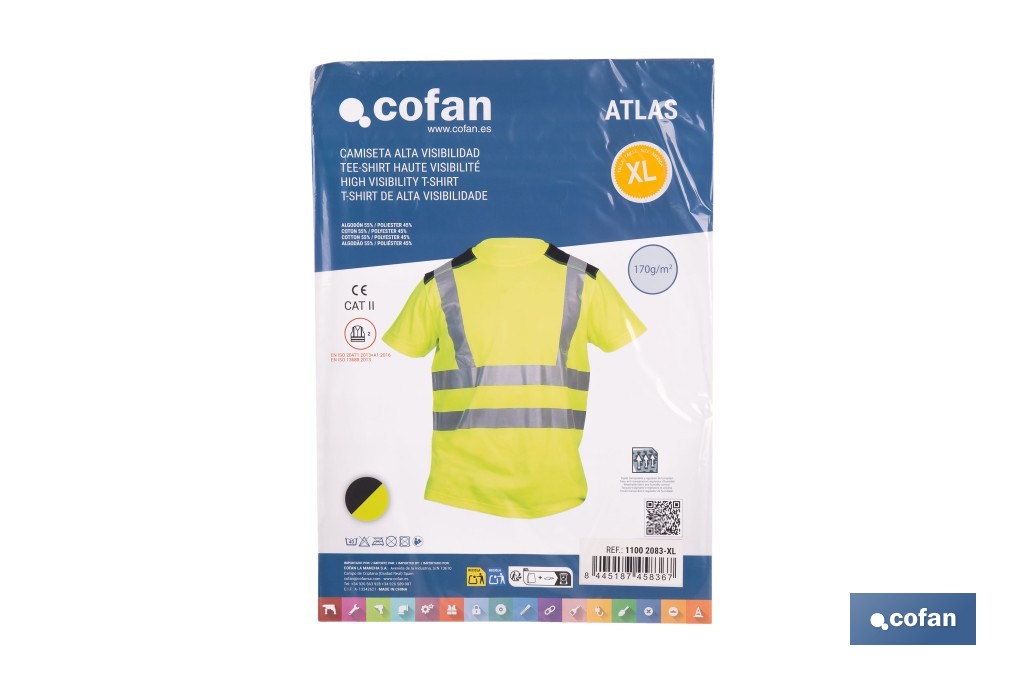 Camiseta de alta visibilidad modelo Atlas | Color: amarillo y negro | Bandas reflectantes | Clase 2 EN ISO 20471 | Disponible desde la talla S hasta la XXXL - Cofan