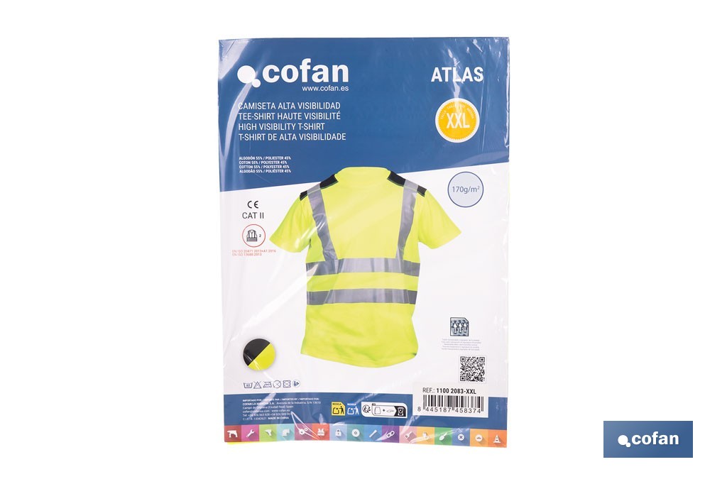 Camiseta de alta visibilidad modelo Atlas | Color: amarillo y negro | Bandas reflectantes | Clase 2 EN ISO 20471 | Disponible desde la talla S hasta la XXXL - Cofan