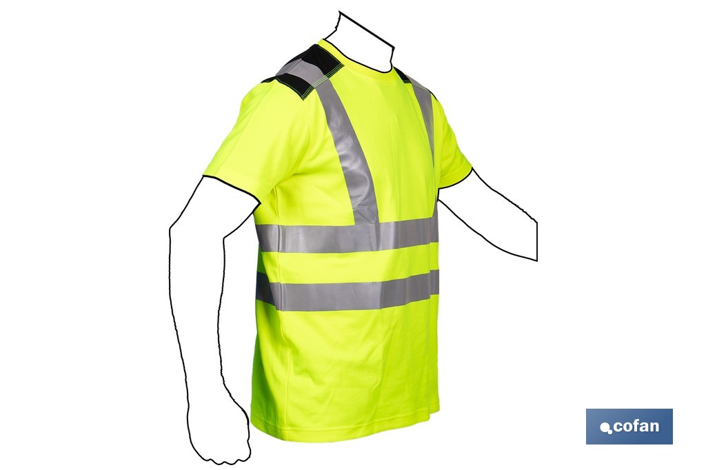 Camiseta de alta visibilidad modelo Atlas | Color: amarillo y negro | Bandas reflectantes | Clase 2 EN ISO 20471 | Disponible desde la talla S hasta la XXXL - Cofan