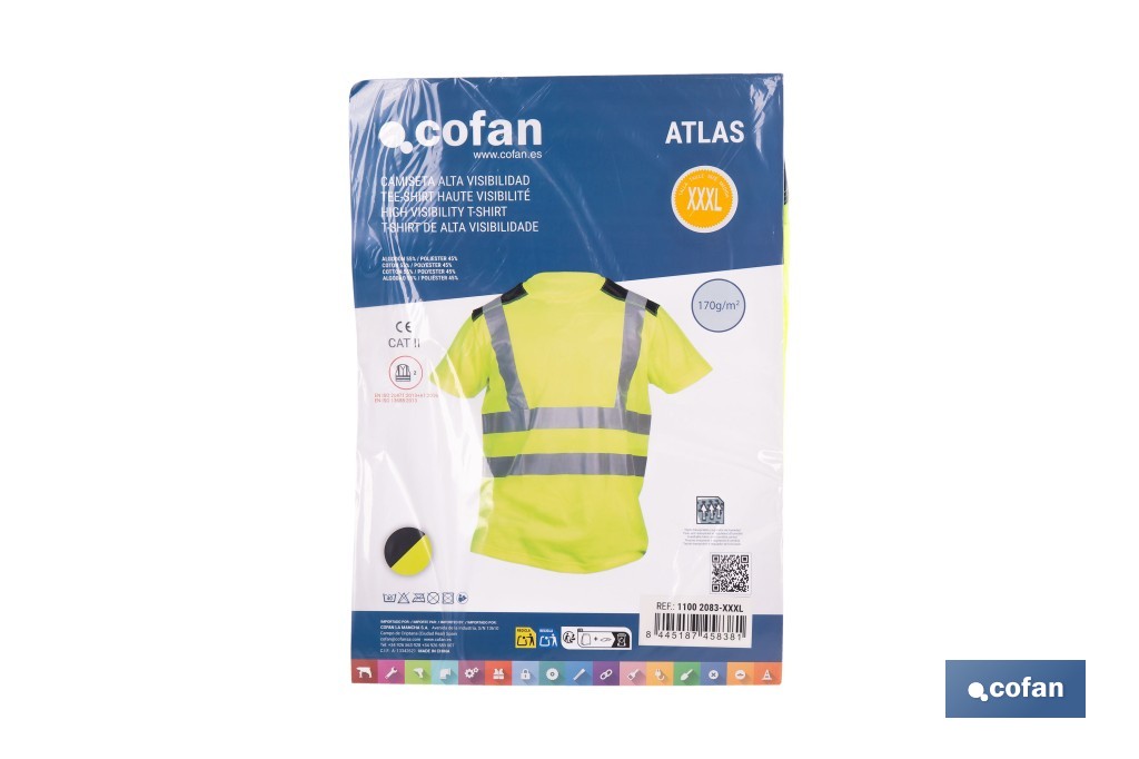 Camiseta de alta visibilidad modelo Atlas | Color: amarillo y negro | Bandas reflectantes | Clase 2 EN ISO 20471 | Disponible desde la talla S hasta la XXXL - Cofan