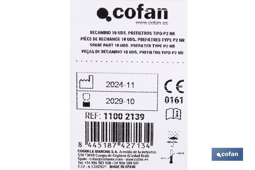 Set de filtro combinado: 2 filtros A1B1E1K1 + 10 Prefiltros P2 NR | Protección respiratoria de alta eficacia - Cofan