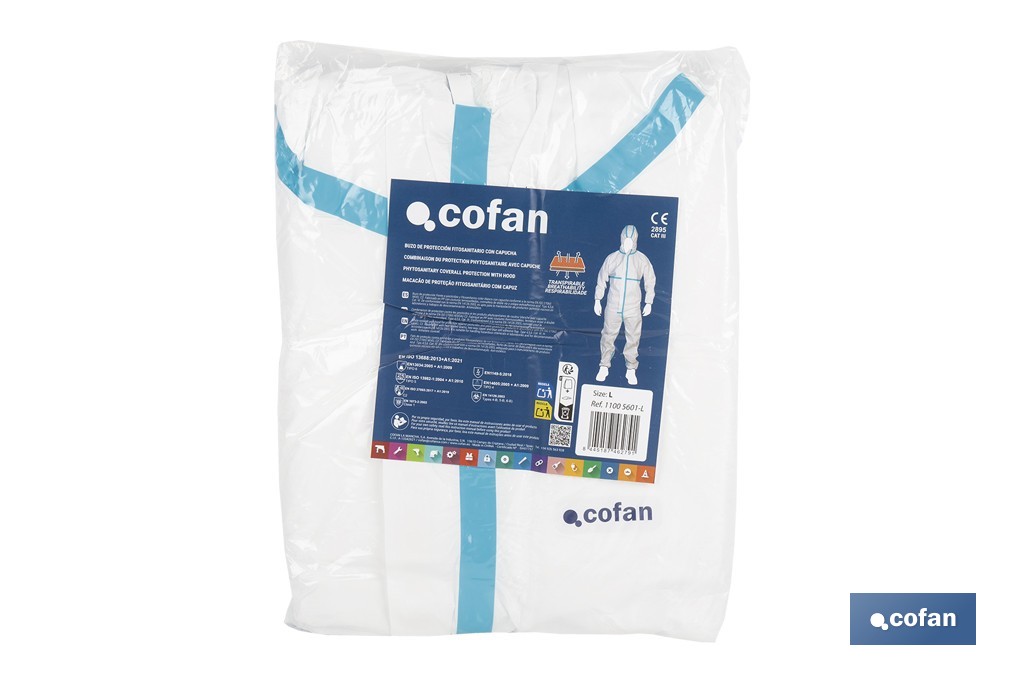 Buzo de protección fitosanitaria con capucha | Protección frente a pesticidas y químicos | Color: blanco | EN ISO 27065 Nivel C2 | Disponible desde la talla M hasta la XXL - Cofan