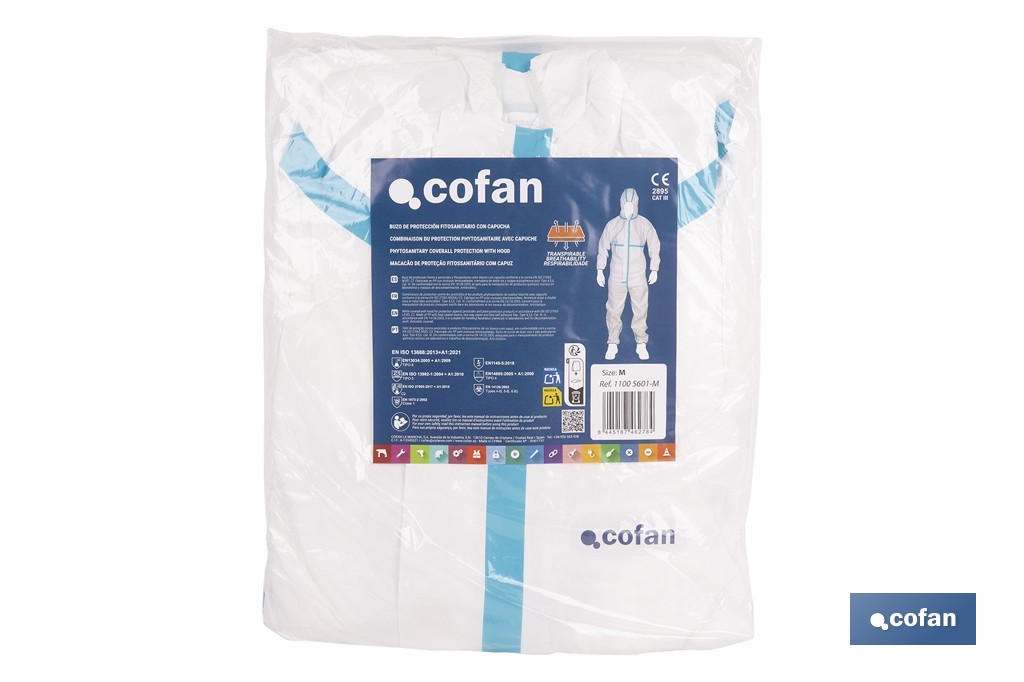 Buzo de protección fitosanitaria con capucha | Protección frente a pesticidas y químicos | Color: blanco | EN ISO 27065 Nivel C2 | Disponible desde la talla M hasta la XXL - Cofan