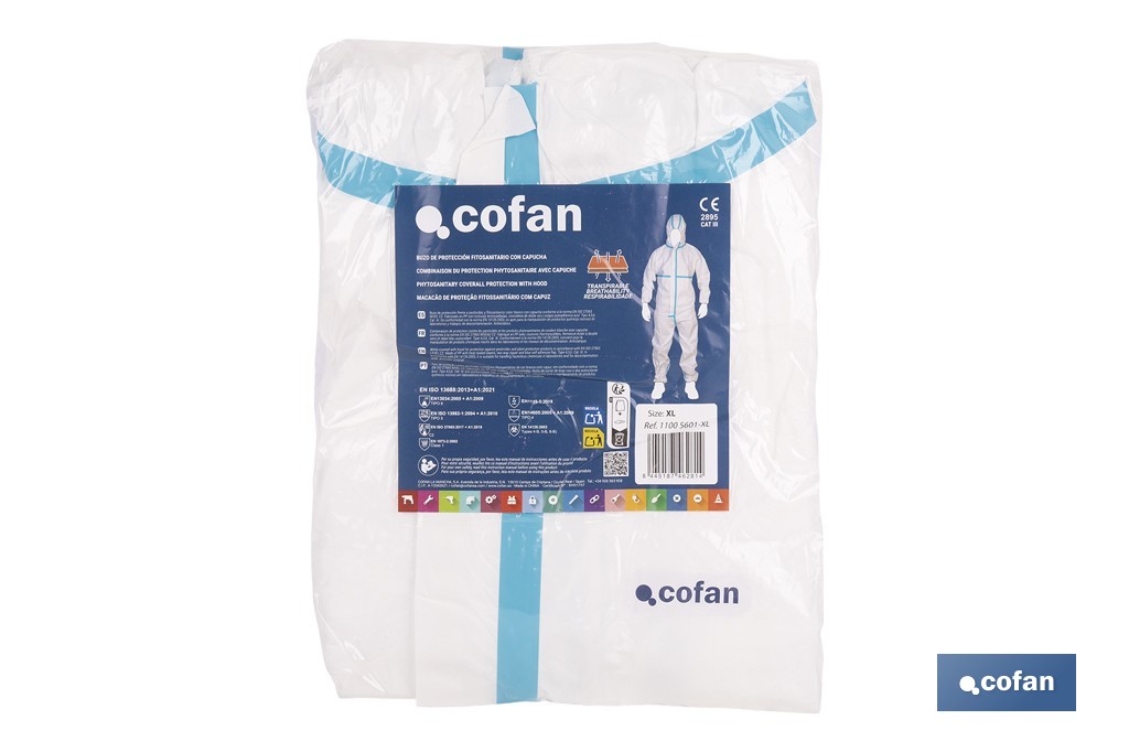 Buzo de protección fitosanitaria con capucha | Protección frente a pesticidas y químicos | Color: blanco | EN ISO 27065 Nivel C2 | Disponible desde la talla M hasta la XXL - Cofan