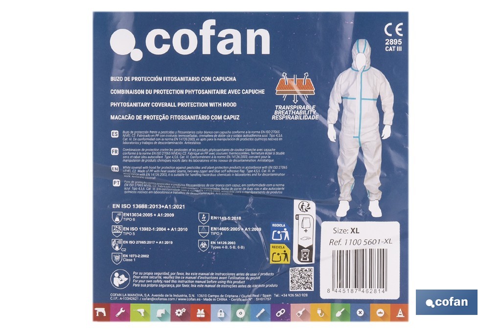 Buzo de protección fitosanitaria con capucha | Protección frente a pesticidas y químicos | Color: blanco | EN ISO 27065 Nivel C2 | Disponible desde la talla M hasta la XXL - Cofan