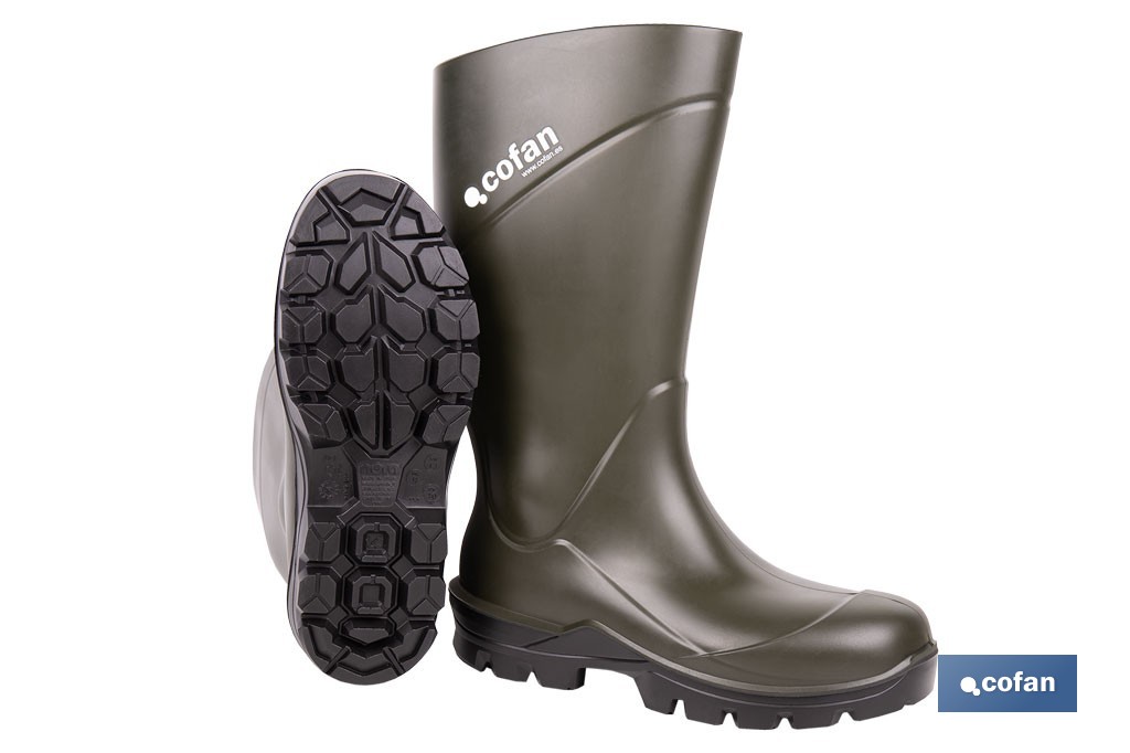 Botas de agua de PU y Elastopan, color verde | Resistentes al frío y a productos químicos | Suela antideslizante OB SR | Disponibles desde la talla 36 hasta la 49 - Cofan