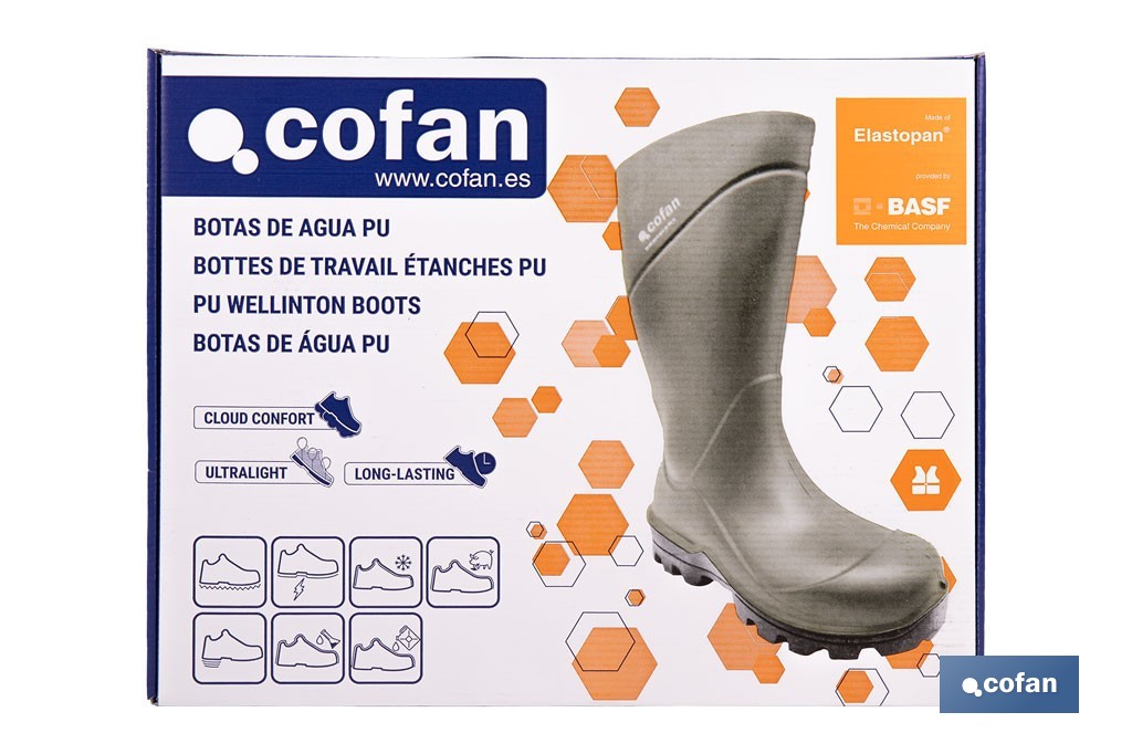 Botas de agua de PU y Elastopan, color verde | Resistentes al frío y a productos químicos | Suela antideslizante OB SR | Disponibles desde la talla 36 hasta la 49 - Cofan