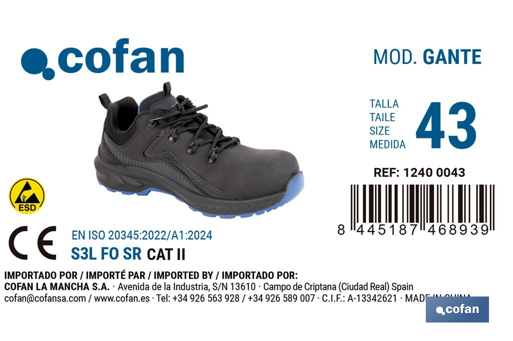 Zapato de seguridad deportivo Gante S3L FO SR ESD | Puntera de composite y plantilla antiperforación | Suela antideslizante | Disponible desde la talla 37 hasta la 47 - Cofan